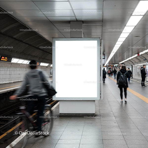 Busy Underground Subway Station with Blank Billboard JPG Mockup Image