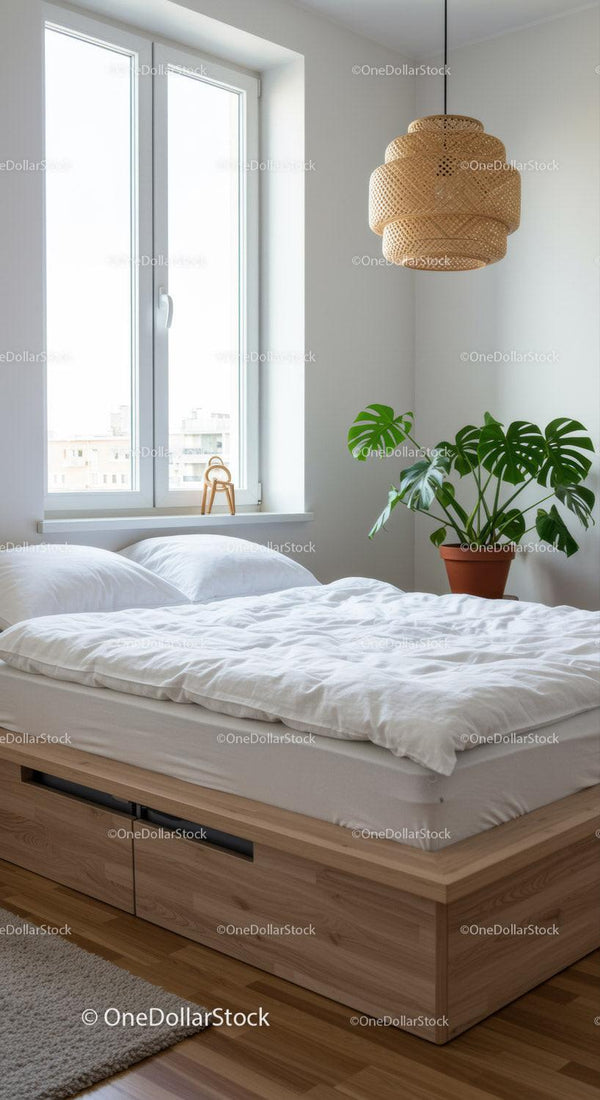 Minimalist bedroom with natural light and greenery