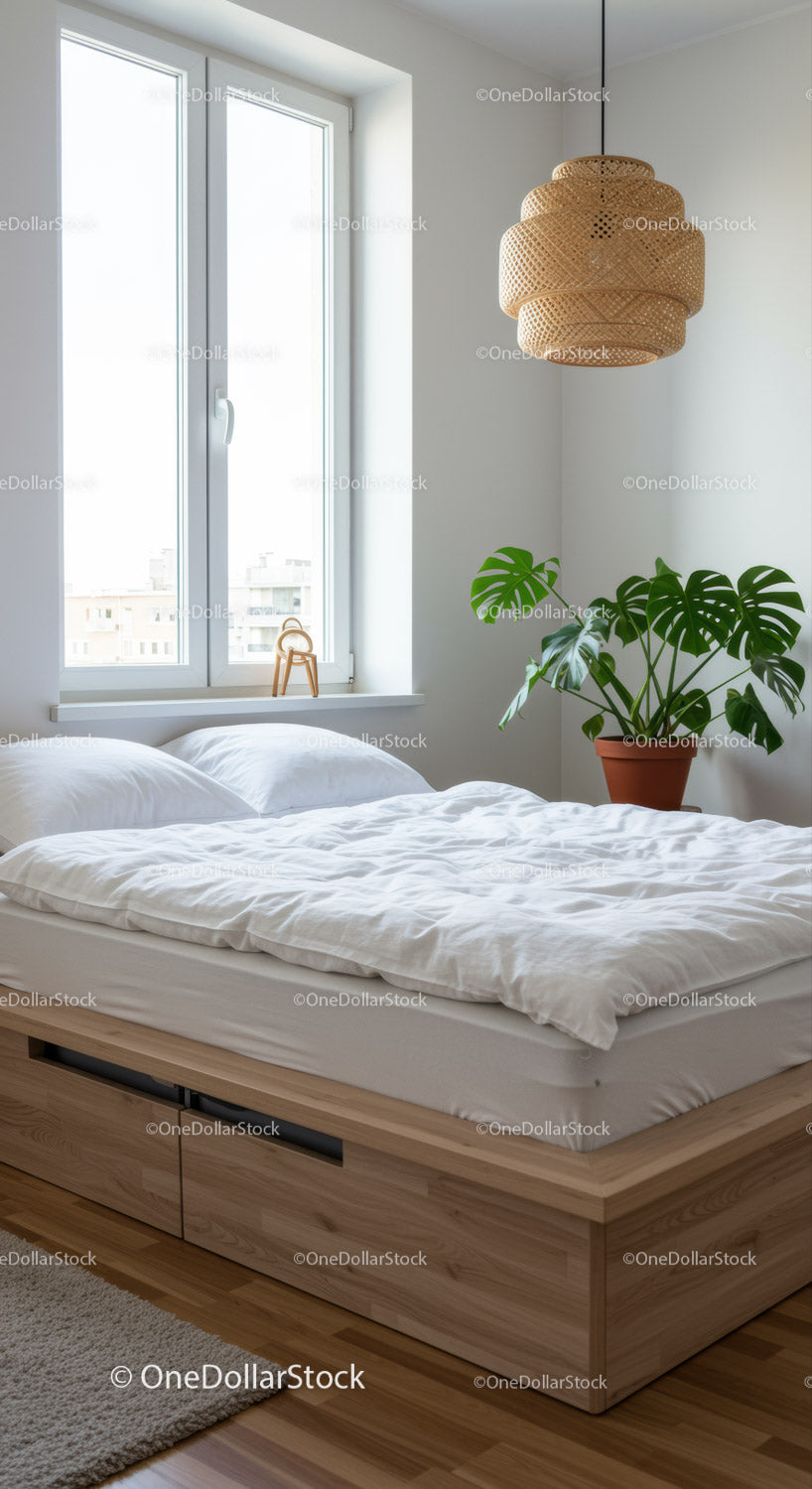 Minimalistyczna sypialnia z naturalnym światłem i zielenią