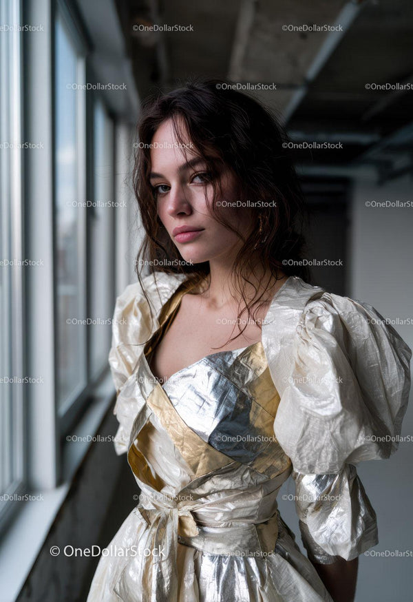 Stylish Young Woman Wearing Metallic Dress with Puff Sleeves