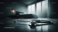 Close-up of Medical Stethoscope on Wooden Surface in Clinic
