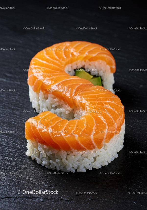 Salmon Sushi Roll Shaped Like Letter S on Black Plate