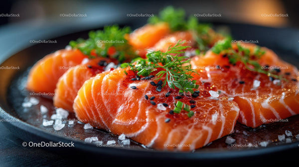 Fresh Salmon Sashimi on Black Plate with Garnish and Sea Salt