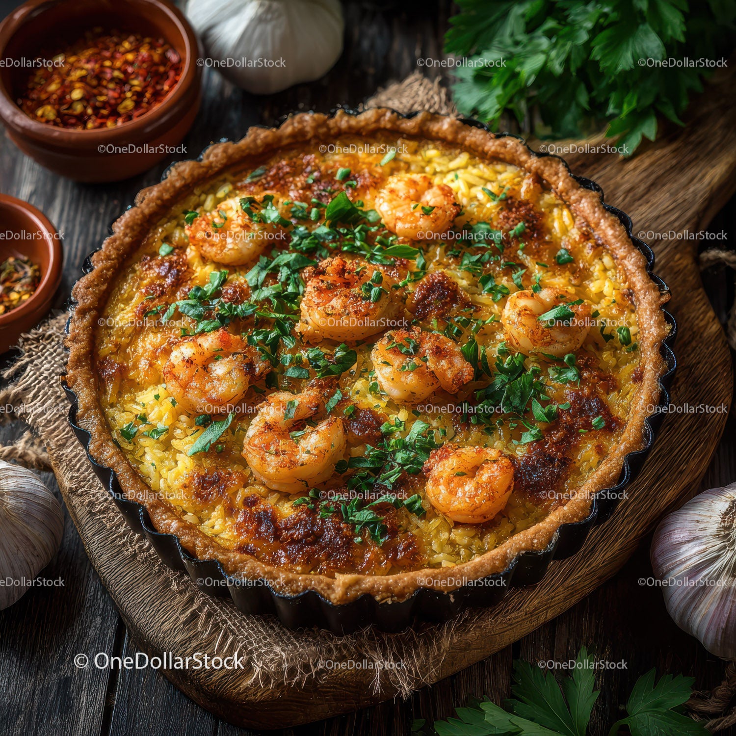 Quiche z owocami morza, krewetkami, świeżymi ziołami i chrupiącym ciastem
