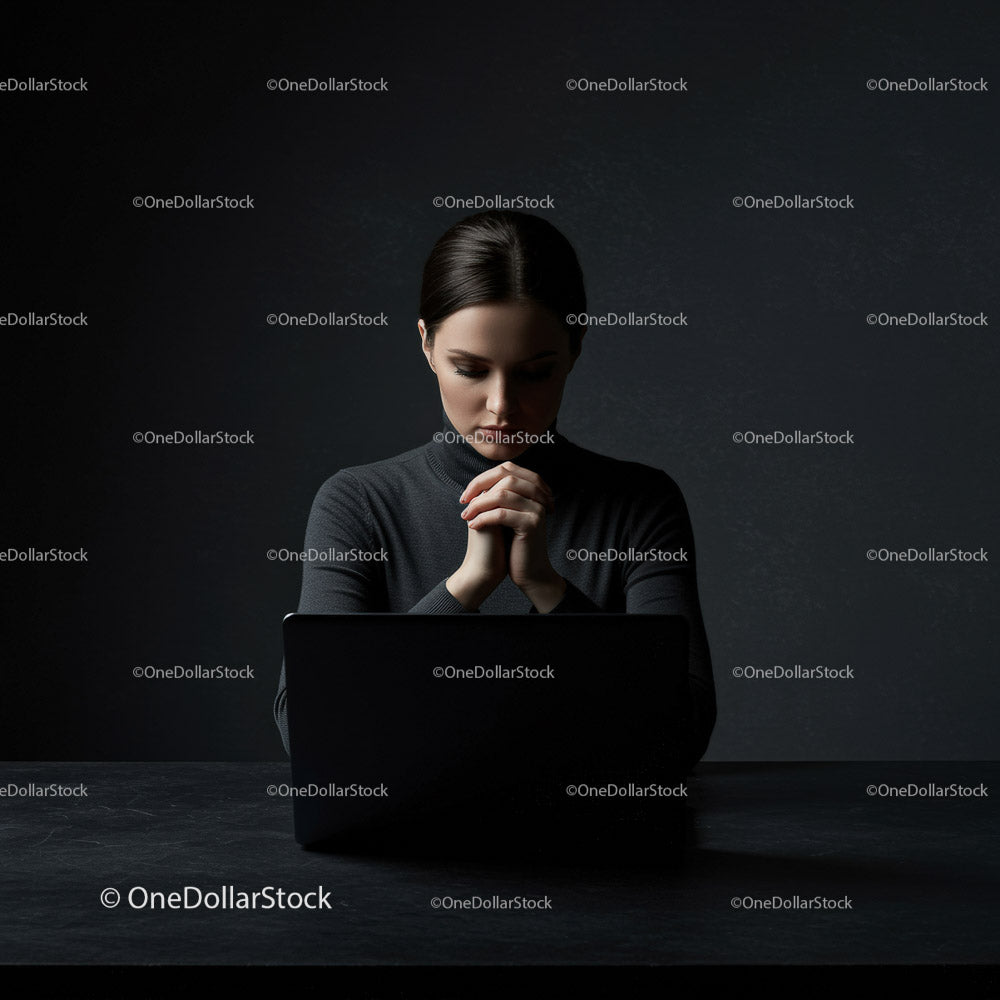 Thoughtful Woman at Laptop in Dark Modern Workspace