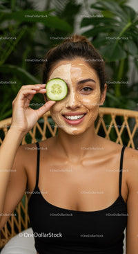 Woman with Facial Mask and Cucumber Eye Patch in Natural Setting