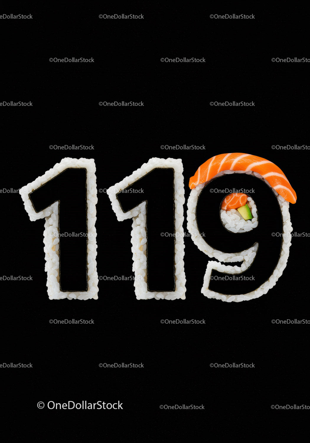 Sushi inspirowane liczbami tworzącymi jeden, jeden, dziewięć na czarnym tle
