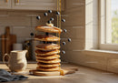 Stack of pancakes with blueberries and honey in kitchen