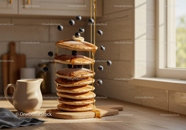 Stack of pancakes with blueberries and honey in kitchen