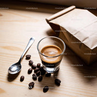 Fresh espresso shot with coffee beans and kraft bag