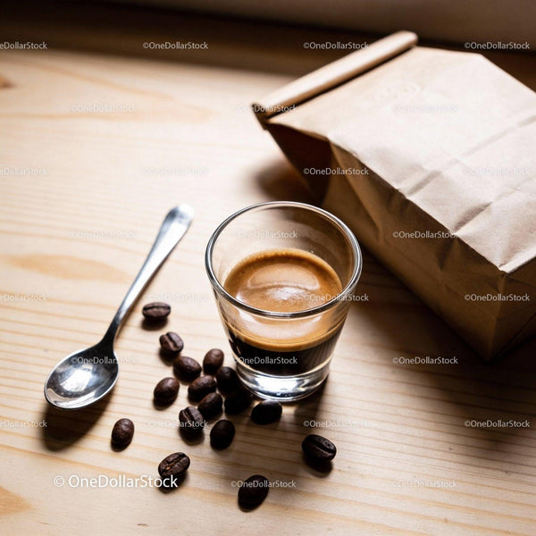 Fresh espresso shot with coffee beans and kraft bag