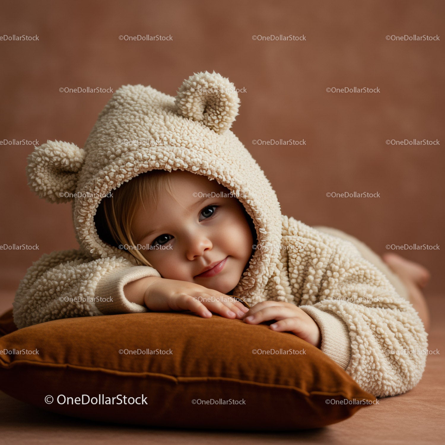 Toddler resting on pillow wearing cozy teddy bear hoodie