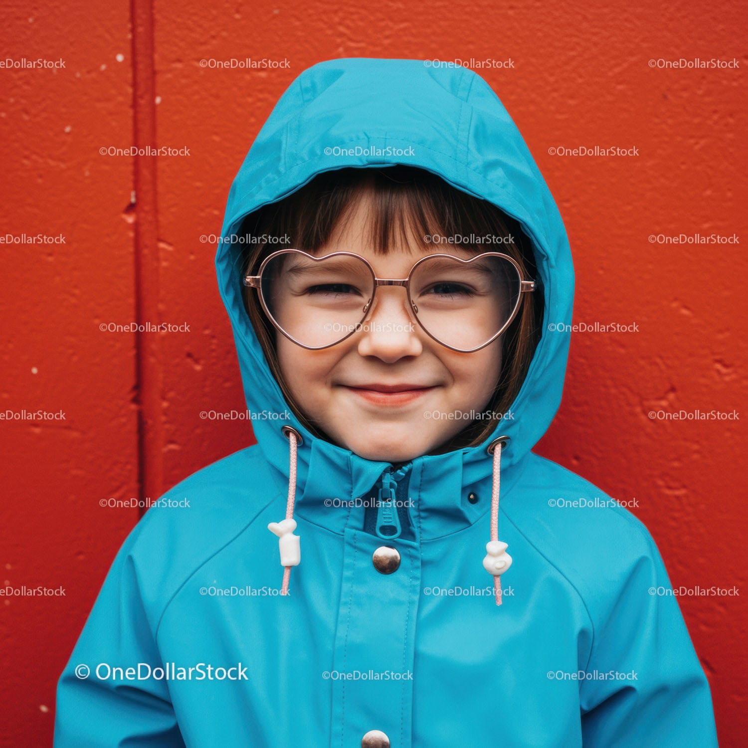 Smiling child in blue raincoat and heart-shaped glasses