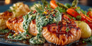 Gourmet Seared Salmon with Spinach Cream Sauce and Roasted Vegetables