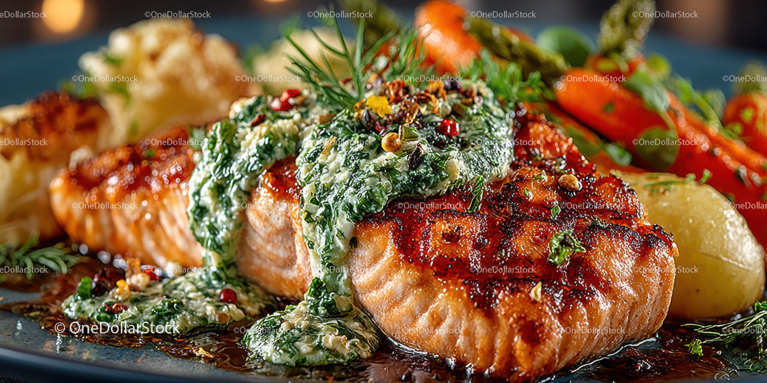 Gourmet Seared Salmon with Spinach Cream Sauce and Roasted Vegetables