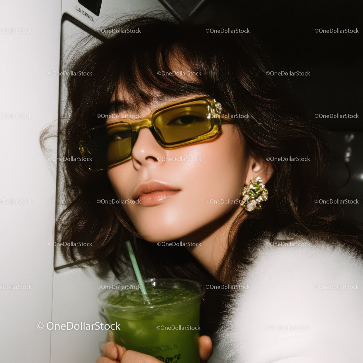 Stylish Woman with Yellow Sunglasses Holding Green Cocktail in Modern Setting