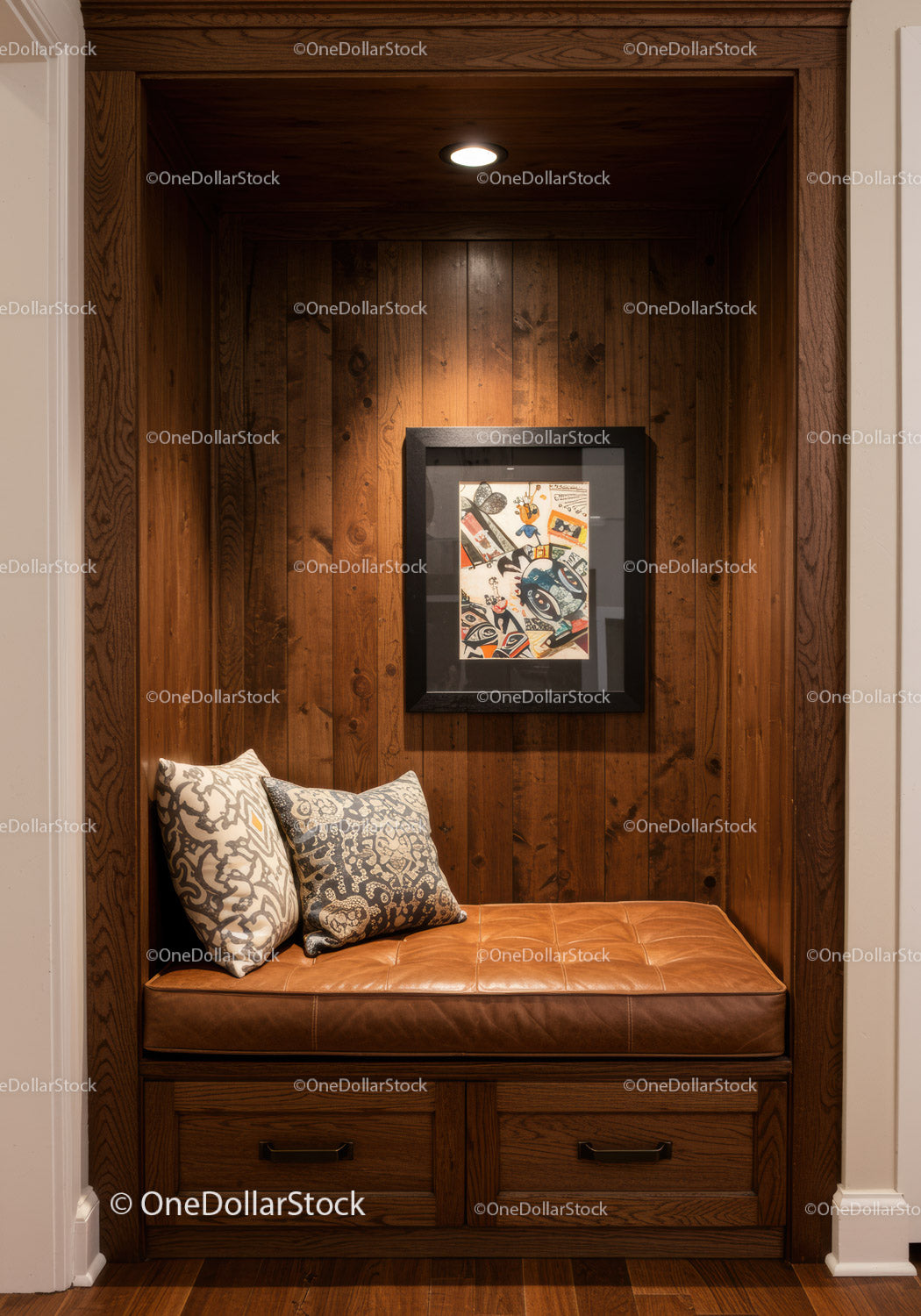 Stylish Wooden Nook with Leather Bench and Artistic Wall Decor