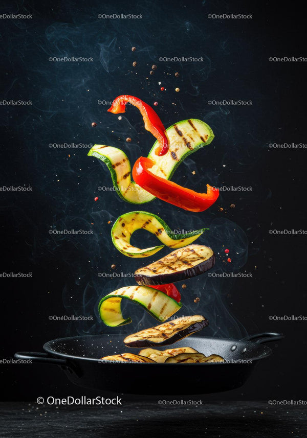 Grilled vegetables tossed in a black frying pan