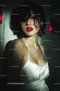 Elegant Woman with Red Lips in Stylish Evening Dress