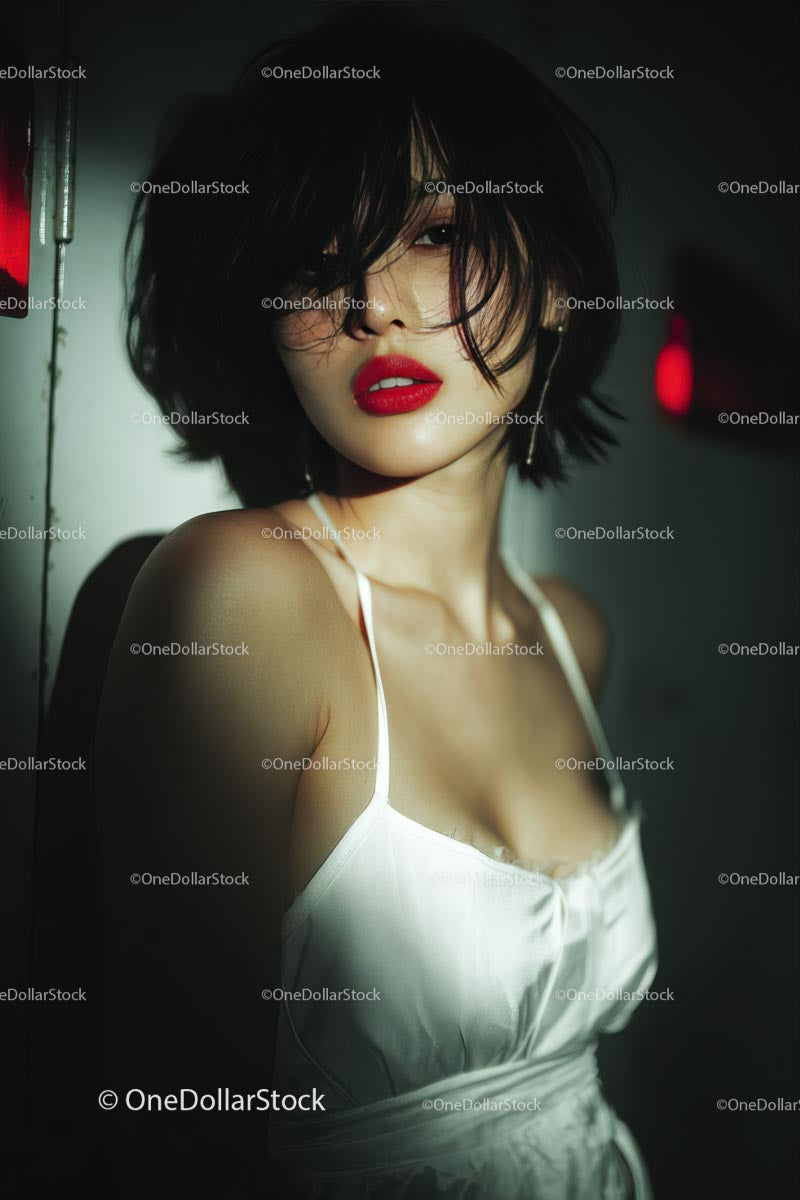 Elegant Woman with Red Lips in Stylish Evening Dress