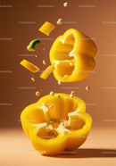 Sliced yellow bell pepper with flying seeds