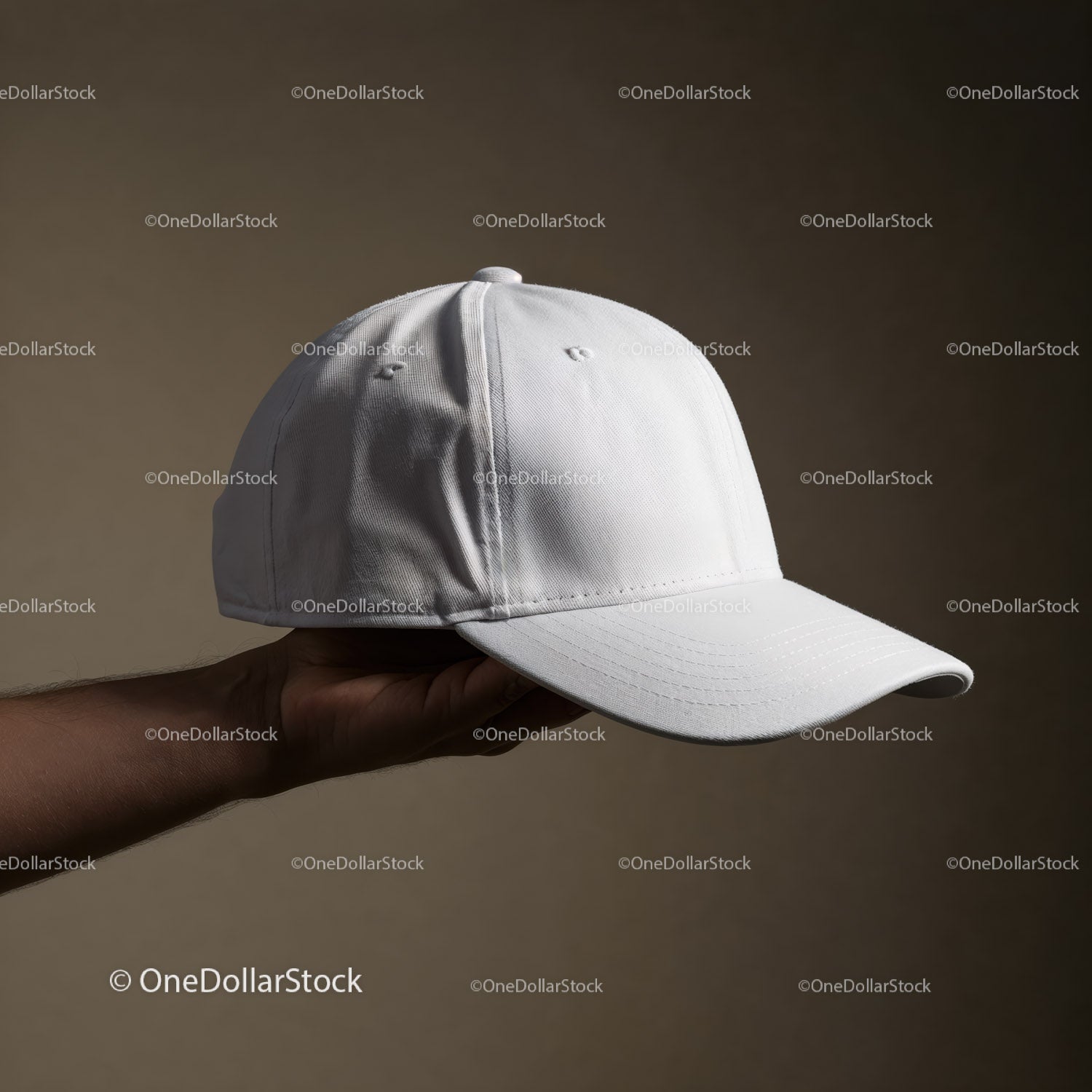 Hand Holding White Baseball Cap on Neutral Background