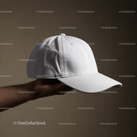 Hand Holding White Baseball Cap on Neutral Background