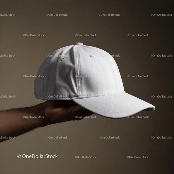 Hand Holding White Baseball Cap on Neutral Background JPG Mockup Image
