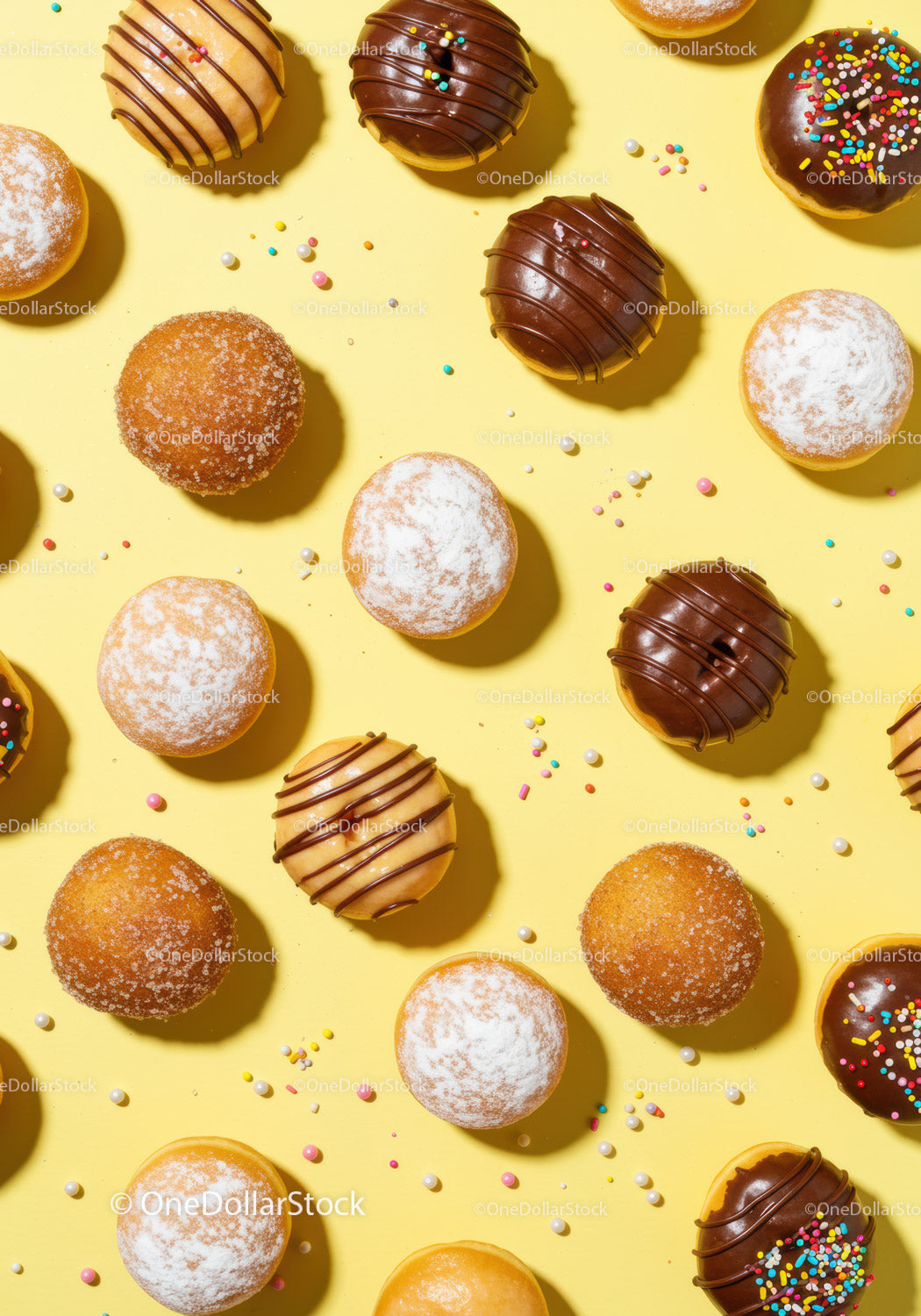 Assorted glazed and sprinkled donuts on yellow background