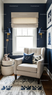 Stylish Reading Nook with Navy Walls and Cozy Decor
