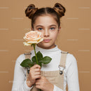 Young Girl with Pale Peach Rose Portrait on Soft Beige Background