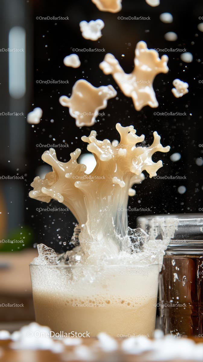 Creamy Coffee Drink with Milk Splash and Foam Art in Glass