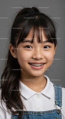 Happy Teenage Girl with Braces Wearing Denim Overalls and White Polo