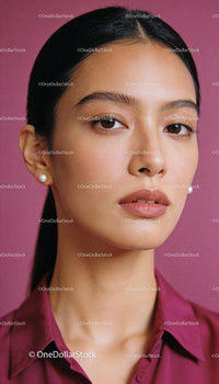 Close-up portrait of calm young woman with pearl earrings