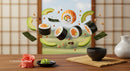 Floating sushi rolls with fresh avocado and soy sauce drops