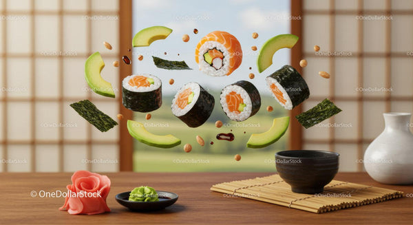 Floating sushi rolls with fresh avocado and soy sauce drops