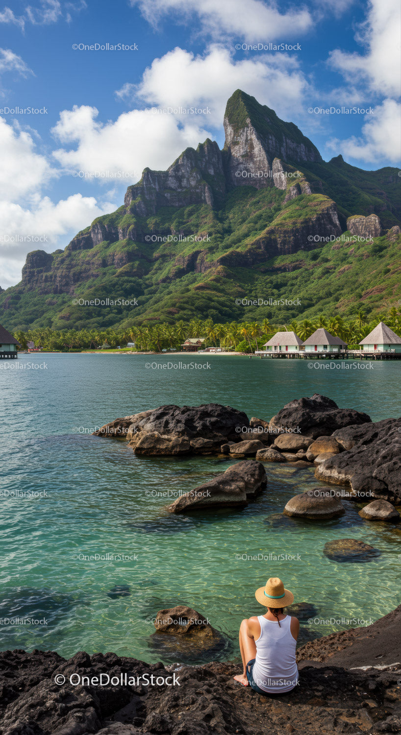 Scenic Mountain and Overwater Bungalows on Tropical Island