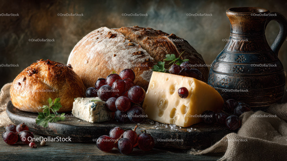 Rustic Bread, Cheese and Grape Still Life in Cozy Kitchen Scene