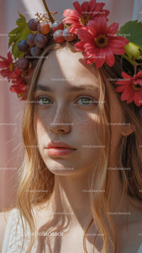 Young Woman with Red Floral Crown and Purple Grapes Outdoor Portrait