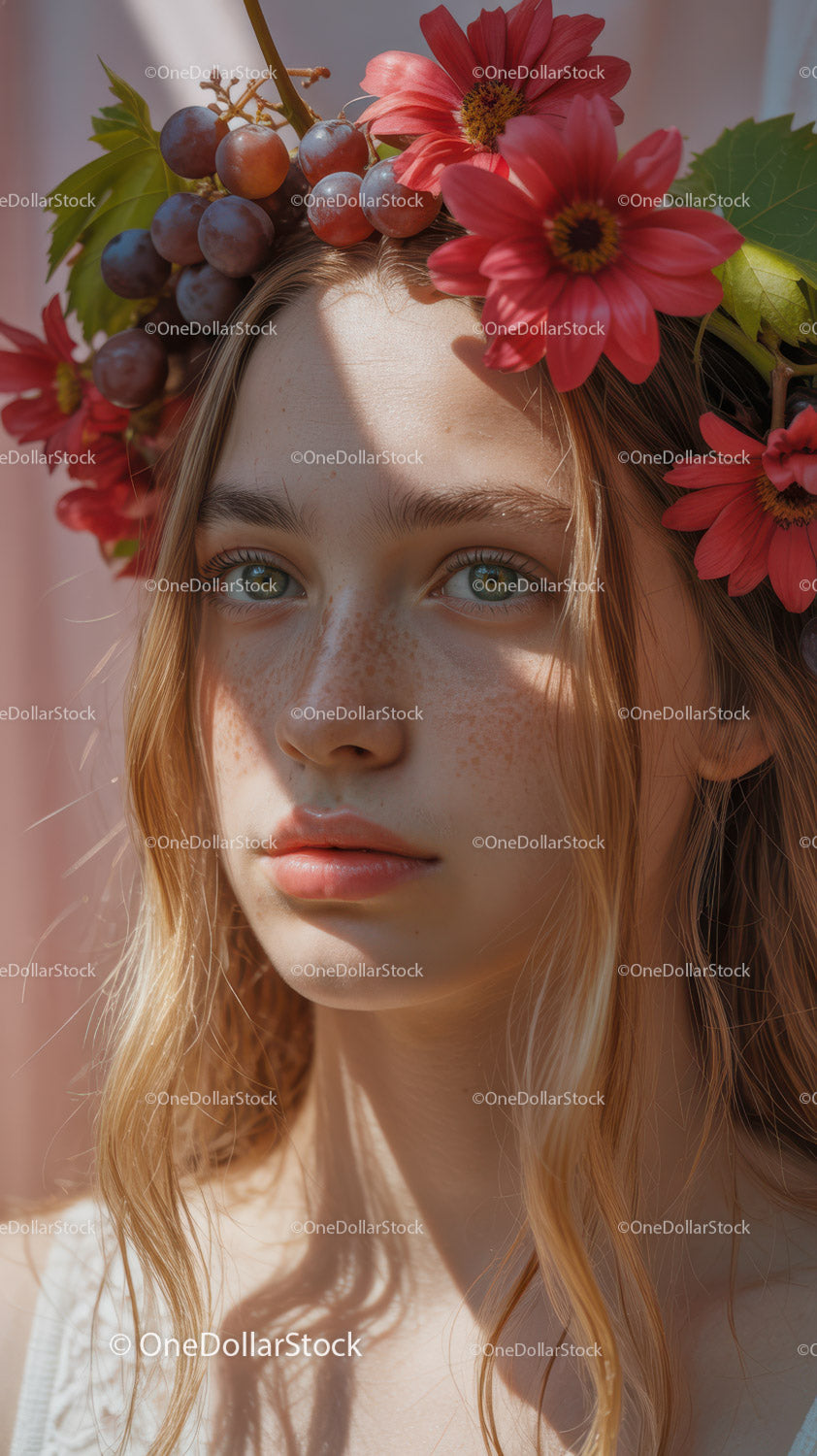 Young Woman with Red Floral Crown and Purple Grapes Outdoor Portrait