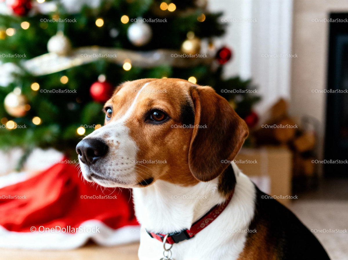 Beagle dog sitting quietly near decorated Christmas tree