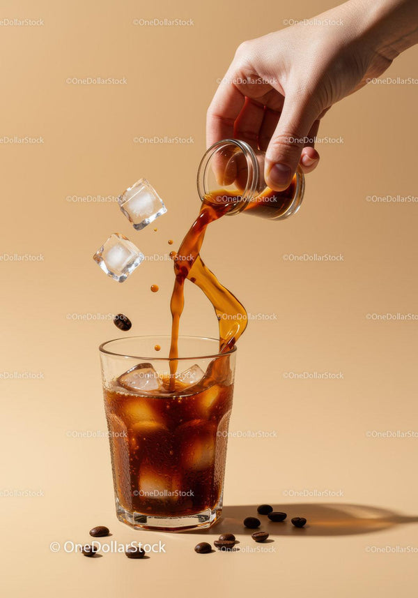 Pouring Cold Brew Coffee Over Ice Cubes with Coffee Beans