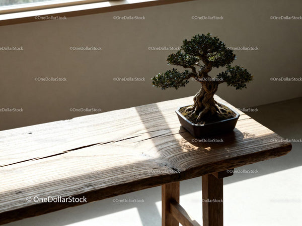 Miniaturowe drzewko bonsai w promieniach ciepłego słońca na drewnianym stole