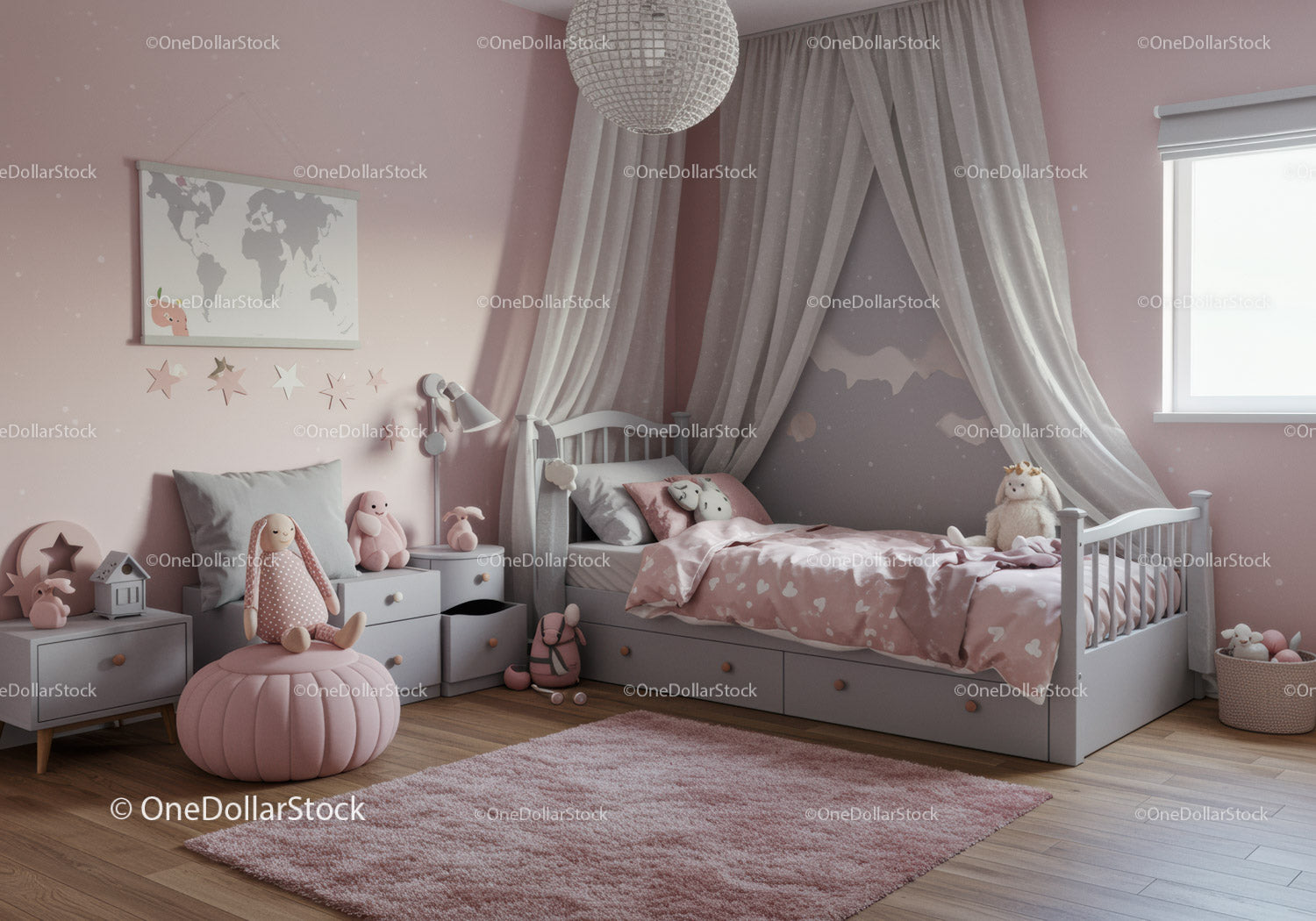 Cozy Childrens Bedroom with Pink Decor and Plush Toys