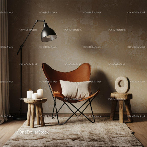 Cozy Leather Chair with Rustic Decor and Soft Lighting