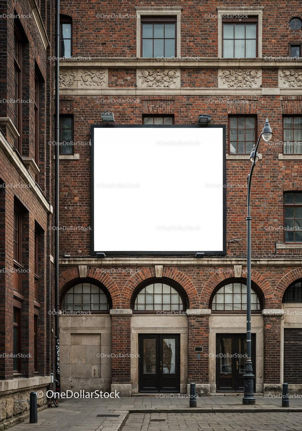 Blank Advertisement Board on Historic Red Brick Building JPG Mockup Image