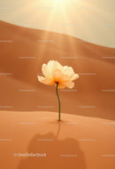 Delicate flower blooming alone in hot desert sand