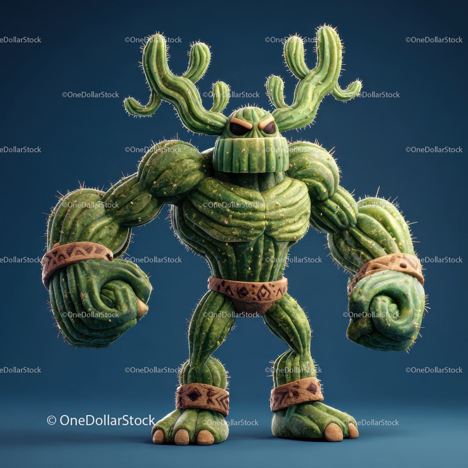 Vibrant Green Anthropomorphic Cactus Character with Muscular Build