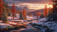 Winter Stream Winding Through Snowy Forest at Sunset
