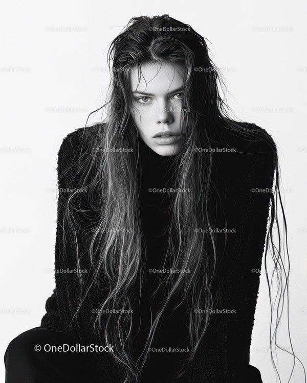 Elegant Monochrome Portrait of a Woman with Long Hair and Intense Expression
